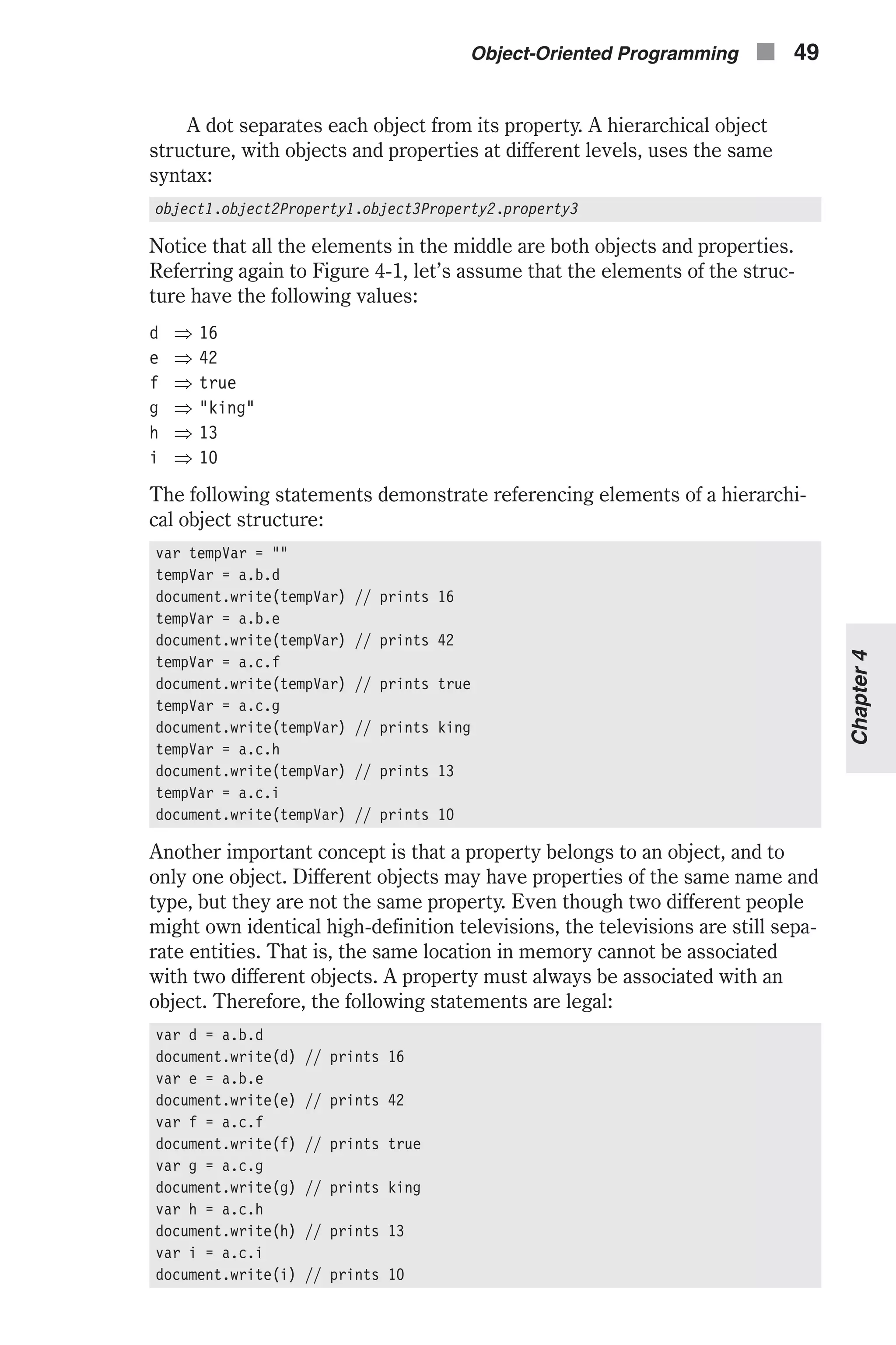 A dot separates each object from its property. A hierarchical object structure, with objects and properties at different levels, uses the same syntax: object1.object2Property1.object3Property2.property3 Notice that all the elements in the middle are both objects and properties. Referring again to Figure 4-1, let’s assume that the elements of the struc- ture have the following values: d Þ 16 e Þ 42 f Þ true g Þ "king" h Þ 13 i Þ 10 The following statements demonstrate referencing elements of a hierarchi- cal object structure: var tempVar = "" tempVar = a.b.d document.write(tempVar) // prints 16 tempVar = a.b.e document.write(tempVar) // prints 42 tempVar = a.c.f document.write(tempVar) // prints true tempVar = a.c.g document.write(tempVar) // prints king tempVar = a.c.h document.write(tempVar) // prints 13 tempVar = a.c.i document.write(tempVar) // prints 10 Another important concept is that a property belongs to an object, and to only one object. Different objects may have properties of the same name and type, but they are not the same property. Even though two different people might own identical high-definition televisions, the televisions are still sepa- rate entities. That is, the same location in memory cannot be associated with two different objects. A property must always be associated with an object. Therefore, the following statements are legal: var d = a.b.d document.write(d) // prints 16 var e = a.b.e document.write(e) // prints 42 var f = a.c.f document.write(f) // prints true var g = a.c.g document.write(g) // prints king var h = a.c.h document.write(h) // prints 13 var i = a.c.i document.write(i) // prints 10 Object-Oriented Programming n 49 Chapter4 