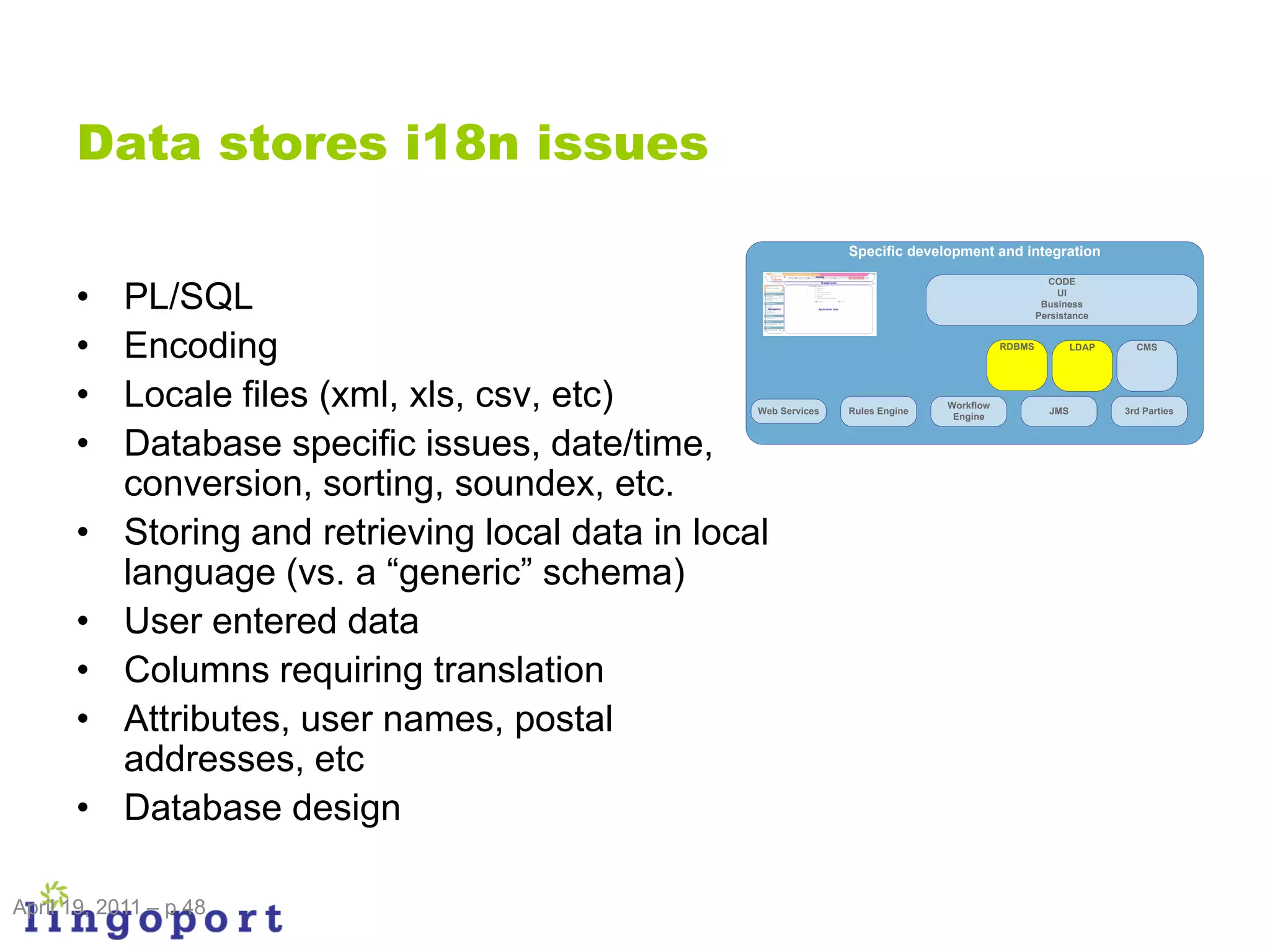 Data stores i18n issues
                                                                    Specific development and integration


      •
                                                                                                        CODE

            PL/SQL                                                                                         UI
                                                                                                       Business
                                                                                                      Persistance



      •     Encoding                                                                          RDBMS           LDAP     CMS




      •     Locale files (xml, xls, csv, etc)        Web Services   Rules Engine
                                                                                   Workflow
                                                                                    Engine
                                                                                                        JMS          3rd Parties



      •     Database specific issues, date/time,
            conversion, sorting, soundex, etc.
      •     Storing and retrieving local data in local
            language (vs. a “generic” schema)
      •     User entered data
      •     Columns requiring translation
      •     Attributes, user names, postal
            addresses, etc
      •     Database design

April 19, 2011 – p 48
 