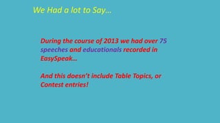 We Had a lot to Say… 
During the course of 2013 we had over 75 
speeches and educationals recorded in 
EasySpeak… 
And this doesn’t include Table Topics, or 
Contest entries! 
 