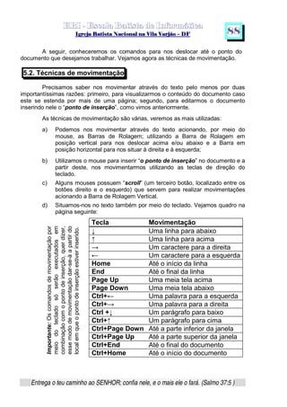   ¡ ¢ £   ¤ ¥ ¦ § ¨ ¡ ¨ ©  ¤ © ¨   ¢   ¦    ©  ¥ ¨
  !!  ## $$ ## %%  '' %% ## (( ## ))  00 11 ## 22 11 ## 33  22 ## 33 ##  44 00 55 66 77
Entrega o teu caminho ao SENHOR; confia nele, e o mais ele o fará. (Salmo 37:5 )
8 8
A seguir, conheceremos os comandos para nos deslocar até o ponto do
documento que desejamos trabalhar. Vejamos agora as técnicas de movimentação.
5.2. Técnicas de movimentação
Precisamos saber nos movimentar através do texto pelo menos por duas
importantíssimas razões: primeiro, para visualizarmos o conteúdo do documento caso
este se estenda por mais de uma página; segundo, para editarmos o documento
inserindo nele o “ponto de inserção”, como vimos anteriormente.
As técnicas de movimentação são várias, veremos as mais utilizadas:
a) Podemos nos movimentar através do texto acionando, por meio do
mouse, as Barras de Rolagem; utilizando a Barra de Rolagem em
posição vertical para nos deslocar acima e/ou abaixo e a Barra em
posição horizontal para nos situar à direita e à esquerda;
b) Utilizamos o mouse para inserir “o ponto de inserção” no documento e a
partir deste, nos movimentarmos utilizando as teclas de direção do
teclado.
c) Alguns mouses possuem “scroll” (um terceiro botão, localizado entre os
botões direito e o esquerdo) que servem para realizar movimentações
acionando a Barra de Rolagem Vertical.
d) Situamos-nos no texto também por meio do teclado. Vejamos quadro na
página seguinte:
Tecla Movimentação
’
Uma linha para abaixo
“
Uma linha para acima
” Um caractere para a direita
• Um caractere para a esquerda
Home Até o início da linha
End Até o final da linha
Page Up Uma meia tela acima
Page Down Uma meia tela abaixo
Ctrl+• Uma palavra para a esquerda
Ctrl+” Uma palavra para a direita
Ctrl +
’
Um parágrafo para baixo
Ctrl+
“
Um parágrafo para cima
Ctrl+Page Down Até a parte inferior da janela
Ctrl+Page Up Até a parte superior da janela
Ctrl+End Até o final do documento
Ctrl+Home Até o início do documento
Importante:Oscomandosdemovimentaçãopor
meiodotecladosóserãoexecutadosem
combinaçãocomopontodeinserção,querdizer,
essemododemovimentaçãodar-se-àapartirdo
localemqueopontodeinserçãoestiverinserido.
 