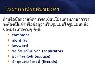 ไวยากรณ์ร ะดับ ของคำา
คำาหรือข้อความที่สามารถเขียนโปรแกรมภาษาจาวา
จะต้องเป็นคำาหรือข้อความในรูปแบบใดรูปแบบหนึ่ง
ของประเภทต่างๆ ดังนี้
     comment
     identifier
     keyword
     สัญ ลัก ษณ์แ ยกคำา (separator)
     ช่อ งว่า ง (whitespace)
     ข้อ มูล และค่า คงที่ (literals)
 