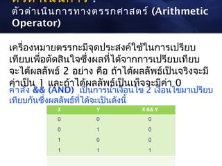 ตัว ดำา เนิน การ :
ตัว ดำา เนิน การทางตรรกศาสตร์ (Arithmetic
Operator)

เครื่องหมายตรรกะมีจุดประสงค์ใช้ในการเปรียบ
เทียบเพื่อตัดสินใจซึ่งผลที่ได้จากการเปรียบเทียบ
จะได้ผลลัพธ์ 2 อย่าง คือ ถ้าได้ผลลัพธ์เป็นจริงจะมี
ค่าเป็น 1 และถ้าได้ผลลัพธ์เป็นเท็จจะมีคา 0
                                        ่
คำา สั่ง && (AND) เป็นการนำาเงื่อนไข 2 เงื่อนไขมาเปรียบ
เทียบกันซึ่งผลลัพธ์ทได้จะเป็นดังนี้
                    ี่
 