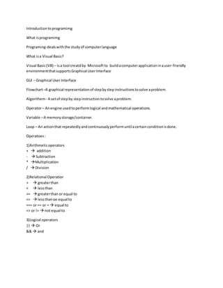 Introductiontoprogramimg
What isprogramimg
Programing-dealswiththe studyof computerlanguage
What isa Visual Basic?
Visual Basic(VB) – isa tool creatd by Microsoft to buildacomputerapplicationinauser-friendly
environmentthatsupportsGraphical UserInterface
GUI – Graphical User Interface
Flowchart–A graphical representationof stepbystepinstructionstosolve aproblem.
Algorithem- A setof stepby step instructiontosolve aproblem.
Operator– Anengine usedtoperformlogical andmathematical operations.
Variable –A memorystorage/container.
Loop – An actionthat repeatedlyandcontinuouslyperformuntilacertainconditionisdone.
Operatoes:
1)Arithmeticoperators
+ addition
- Subtraction
* Multiplication
/ Division
2)Relational Operatior
> greaterthan
< lessthan
>= greaterthan or equal to
<= lessthanoe equal to
=== or == or = equal to
<> or != not equal to
3)Logical operators
|| Or
&& and