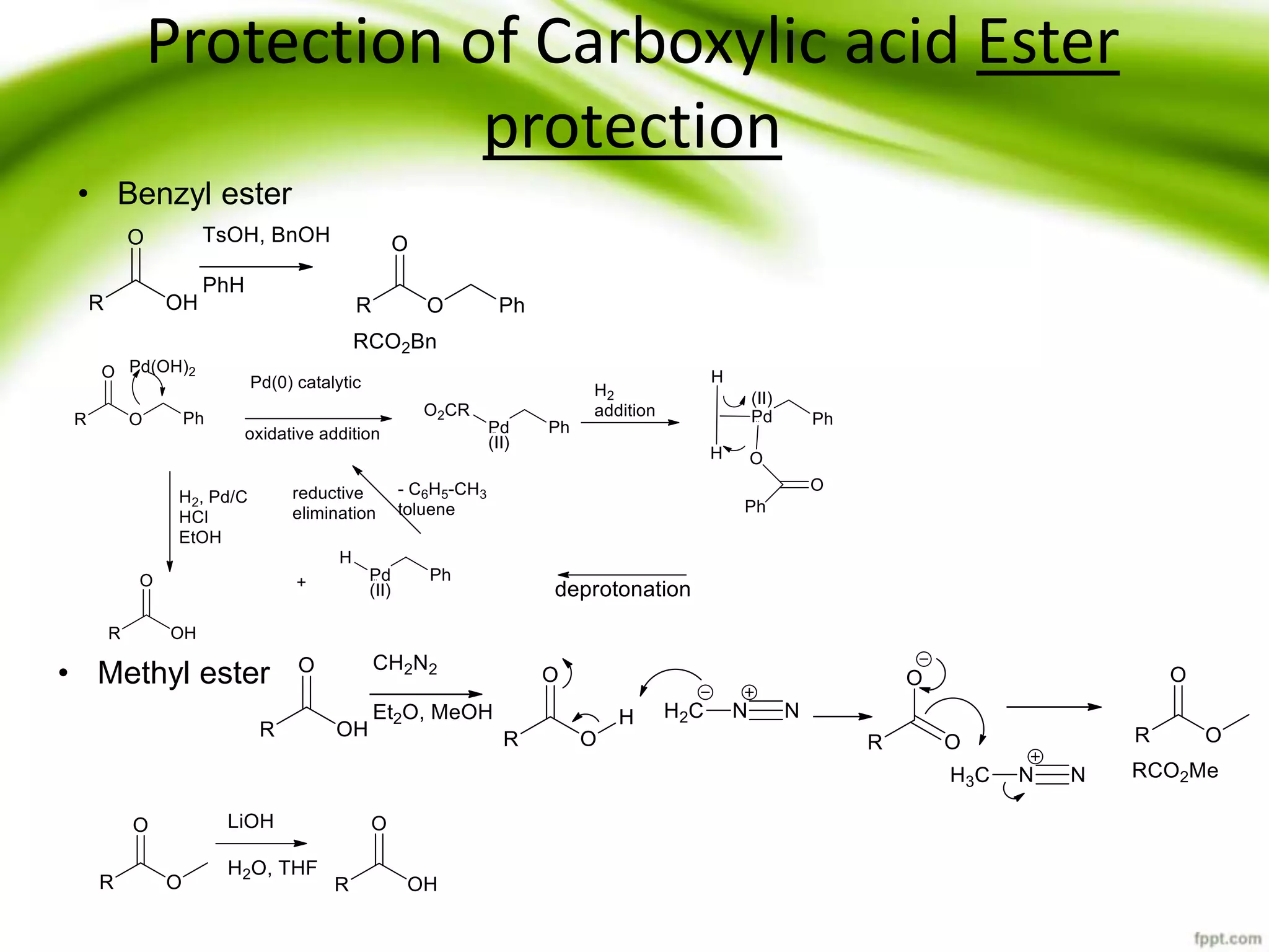 Protection of Carboxylic acid Ester
protection
• Benzyl ester
• Methyl ester
 