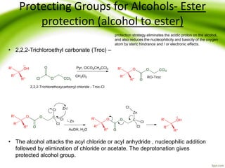Protecting Groups for Alcohols- Ester
protection (alcohol to ester)
• 2,2,2-Trichloroethyl carbonate (Troc) –
• The alcohol attacks the acyl chloride or acyl anhydride , nucleophilic addition
followed by elimination of chloride or acetate. The deprotonation gives
protected alcohol group.
protection strategy eliminates the acidic proton on the alcohol,
and also reduces the nucleophilicity and basicity of the oxygen
atom by steric hindrance and / or electronic effects.
 