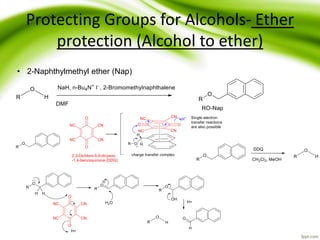 Protecting Groups for Alcohols- Ether
protection (Alcohol to ether)
• 2-Naphthylmethyl ether (Nap)
 