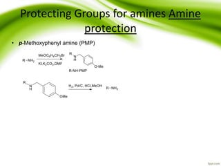 Protecting Groups for amines Amine
protection
• p-Methoxyphenyl amine (PMP)
 