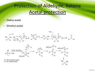 Protection of Aldehyde, Ketone
Acetal protection
• Diethyl acetal
• Dimethyl acetal
 