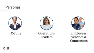 Personas
C-Suite Operations
Leaders
Employees,
Vendors &
Contractors
 