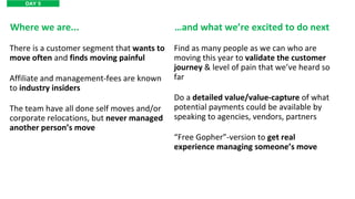 Where we are...
Find as many people as we can who are
moving this year to validate the customer
journey & level of pain that we’ve heard so
far
Do a detailed value/value-capture of what
potential payments could be available by
speaking to agencies, vendors, partners
“Free Gopher”-version to get real
experience managing someone’s move
…and what we’re excited to do next
DAY 5
There is a customer segment that wants to
move often and finds moving painful
Affiliate and management-fees are known
to industry insiders
The team have all done self moves and/or
corporate relocations, but never managed
another person’s move
 