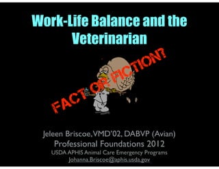 Work-Life Balance and the
Veterinarian
Jeleen Briscoe,VMD’02, DABVP (Avian)
Professional Foundations 2012
USDA APHIS Animal Care Emergency Programs
Johanna.Briscoe@aphis.usda.gov
Fact or Fiction?
 