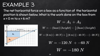 22
EXAMPLE 3
The net horizontal force on a box as a function of the horizontal
position is shown below. What is the work done on the box from
x = 0 m to x = 6 m?
 