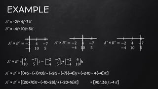 EXAMPLE
𝐴⃑ = -2𝑖̂+ 4𝑗̂-7 𝑘̂
𝐵⃑ = -4𝑖̂+ 10𝑗̂+ 5𝑘̂
𝐴⃑ × 𝐵⃑ =
𝑖 𝑗 𝑘
−2 4 −7
−4 10 5
𝐴⃑ × 𝐵⃑ =
4 −7
10 5
𝑖 −
−2 −7
−4 5
j+
−2 4
−4 10
k
𝐴⃑ × 𝐵⃑ = [(4·5 − (-7)·10)𝑖̂ - (-2·5 − (-7)·(-4))𝑗̂ + (-2·10 − 4·(-4))𝑘̂]
𝐴⃑ × 𝐵⃑ = [(20+70)𝑖̂ - (-10-28)𝑗̂ + (-20+16)𝑘̂] = [90𝑖̂ ,38 𝑗̂ ,-4 𝑘̂]
𝐴⃑ × 𝐵⃑ =
𝑖 𝑗 𝑘
−2 4 −7
−4 10 5
𝐴⃑ × 𝐵⃑ =
𝑖 𝑗 𝑘
−2 4 −7
−4 10 5
 