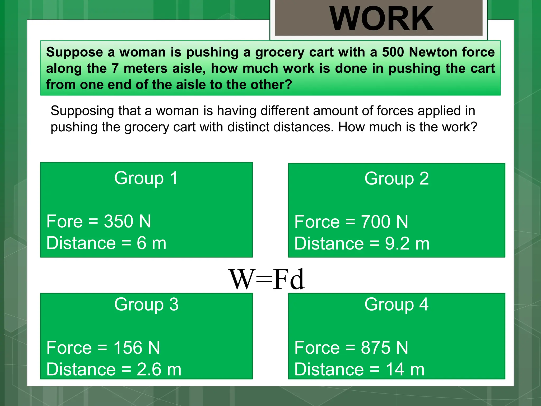 WORK
Suppose a woman is pushing a grocery cart with a 500 Newton force
along the 7 meters aisle, how much work is done in pushing the cart
from one end of the aisle to the other?
Supposing that a woman is having different amount of forces applied in
pushing the grocery cart with distinct distances. How much is the work?
Group 1
Fore = 350 N
Distance = 6 m
Group 2
Force = 700 N
Distance = 9.2 m
Group 3
Force = 156 N
Distance = 2.6 m
Group 4
Force = 875 N
Distance = 14 m
W=Fd
 