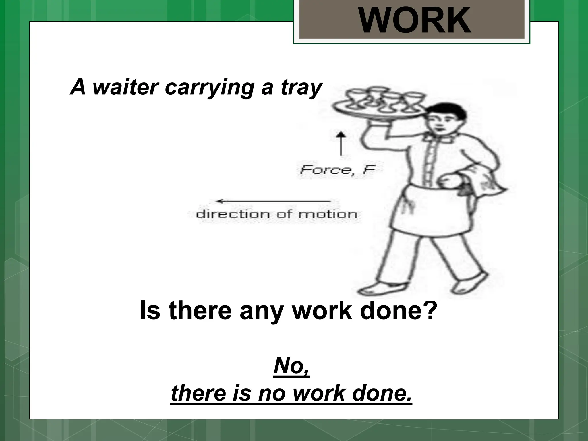 WORK
Is there any work done?
No,
there is no work done.
A waiter carrying a tray
 