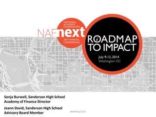 #NAFNext2014
Sonja Burwell, Sanderson High School
Academy of Finance Director
Joann David, Sanderson High School
Advisory Board Member
 