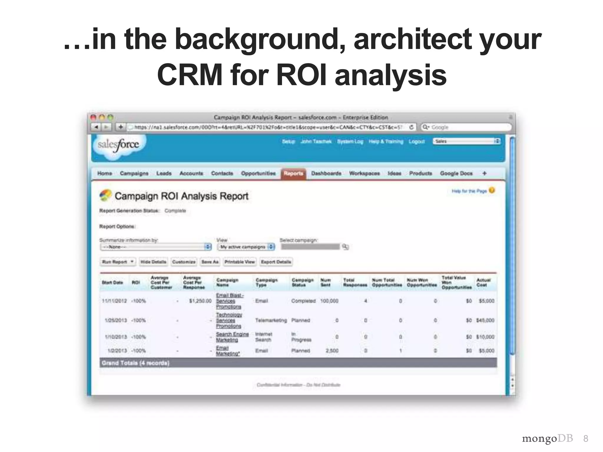 8
…in the background, architect your
CRM for ROI analysis