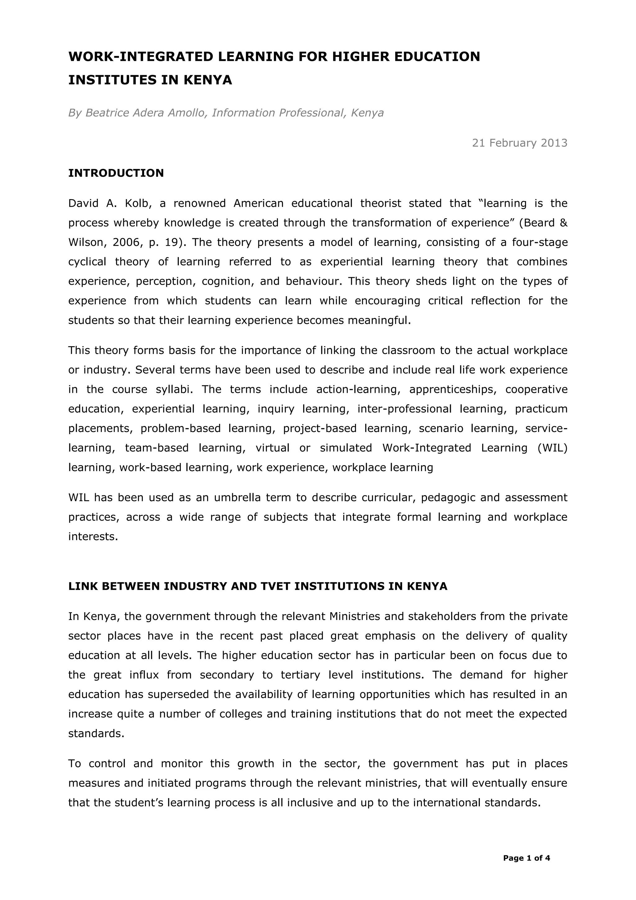 Work integrated learning for TVET institutions in Kenya | PDF