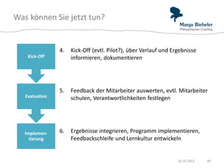 Was können Sie jetzt tun?


                4.   Kick-Off (evtl. Pilot?), über Verlauf und Ergebnisse
    Kick-Off         informieren, dokumentieren




                5.   Feedback der Mitarbeiter auswerten, evtl. Mitarbeiter
   Evaluation        schulen, Verantwortlichkeiten festlegen




   Implemen-    6.   Ergebnisse integrieren, Programm implementieren,
     tierung         Feedbackschleife und Lernkultur entwickeln


                                                                 16.10.2012   30
 