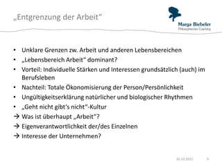 „Entgrenzung der Arbeit“


• Unklare Grenzen zw. Arbeit und anderen Lebensbereichen
• „Lebensbereich Arbeit“ dominant?
• Vorteil: Individuelle Stärken und Interessen grundsätzlich (auch) im
  Berufsleben
• Nachteil: Totale Ökonomisierung der Person/Persönlichkeit
• Ungültigkeitserklärung natürlicher und biologischer Rhythmen
• „Geht nicht gibt‘s nicht“-Kultur
 Was ist überhaupt „Arbeit“?
 Eigenverantwortlichkeit der/des Einzelnen
 Interesse der Unternehmen?


                                                           16.10.2012    9
 