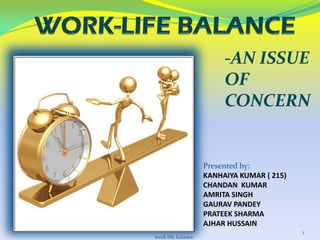 -AN ISSUE
                         OF
                         CONCERN


                    Presented by:
                    KANHAIYA KUMAR ( 215)
                    CHANDAN KUMAR
                    AMRITA SINGH
                    GAURAV PANDEY
                    PRATEEK SHARMA
                    AJHAR HUSSAIN
                                            1
work life balance
 