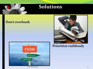 Solutions
Don’t overbook

Prioritize ruthlessly

work life balance

14

 