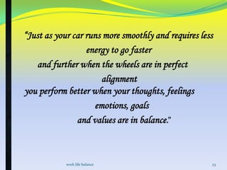 “Just as your car runs more smoothly and requires less
energy to go faster
and further when the wheels are in perfect
alignment
you perform better when your thoughts, feelings
emotions, goals
and values are in balance.”

work life balance

23

 