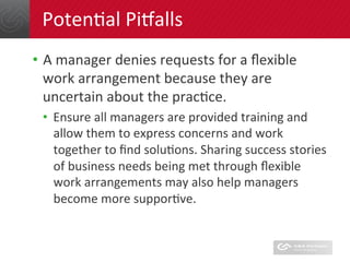 PotenDal	
  Pisalls	
  
•  A	
  manager	
  denies	
  requests	
  for	
  a	
  ﬂexible	
  
work	
  arrangement	
  because	
 ...