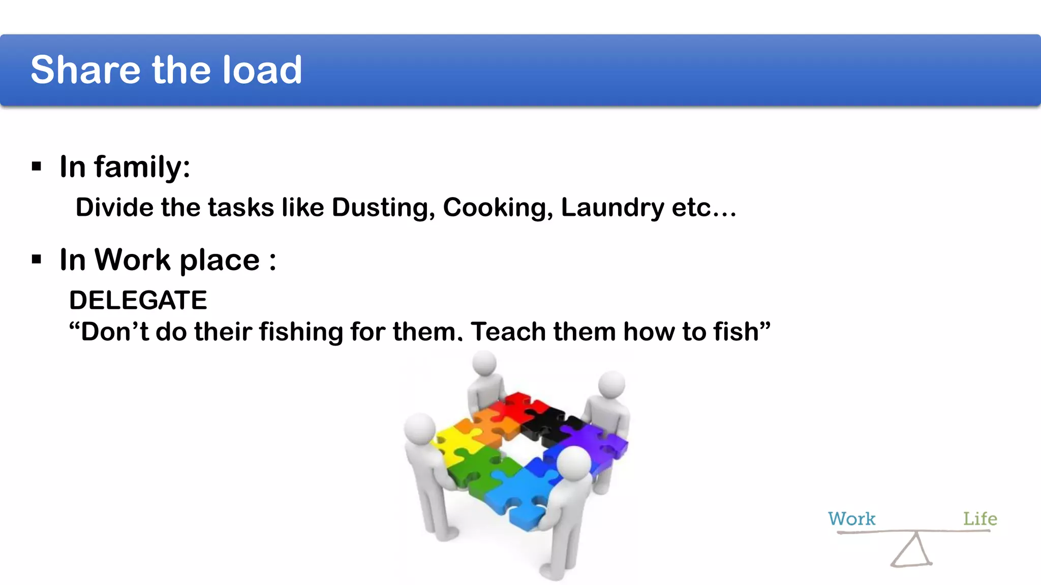 Share the load
 In family:
Divide the tasks like Dusting, Cooking, Laundry etc…
 In Work place :
DELEGATE
“Don’t do their fishing for them, Teach them how to fish”
 