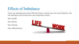 Effects of Imbalance
If you are working more than fifty-five hours a week, you are out of balance. You
are putting at risk...