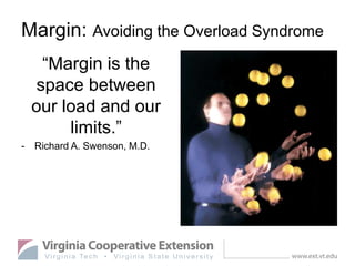 Margin: Avoiding the Overload Syndrome
“Margin is the
space between
our load and our
limits.”
- Richard A. Swenson, M.D.
 