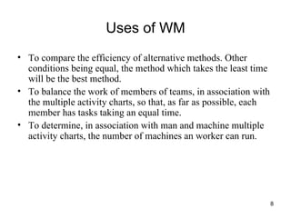 Uses of WM To compare the efficiency of alternative methods. Other conditions being equal, the method which takes the least time will be the best method. To balance the work of members of teams, in association with the multiple activity charts, so that, as far as possible, each member has tasks taking an equal time. To determine, in association with man and machine multiple activity charts, the number of machines an worker can run. 