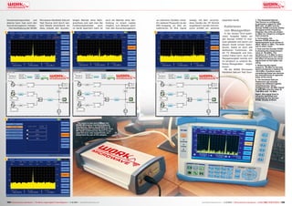 Kompressionspunktes
und
ebenso kann man auch den
Konversionsgewinn messen.
Die Handhabung der WORK

1

Microwave Handheld Satcom
Test Source wird durch weitere Details vereinfacht: ein
Akku erlaubt den stunden-

langen Betrieb ohne Netzanschluss und weil man die
Funktionsparameter
auch
im Gerät speichern kann ist

auch ein Betrieb ohne Verbindung zu einem Laptop
möglich, zum Beispiel wenn
man den Konversionsgewinn

4

an mehreren Geräten misst.
Ein weiterer Pluspunkt ist der
BNC-Ausgang, an dem ein
kalibriertes 10 MHz Signal

5

anliegt, mit dem verschiedene Geräte der HF-Technik
angesteuert werden können:
somit entfällt ein weiteres

separates Gerät.

Kalibrieren
von Messgeräten

In der letzten TELE-audiovision Ausgabe haben wir
den Deviser S7000 TV Analyzer getestet und waren von
diesem Gerät schwer beeindruckt, bietet es doch alle
denkbaren Funktionen, die
ein TV Messgerät und Analysator haben kann. Auch die
Messgenauigkeit konnte sich
im Vergleich zu unseren Referenz-Messgeräten zeigen
lassen.
Mit der WORK Microwave
Handheld Satcom Test Sour-

1. The Handheld Satcom
Test Source is configured
to generate a signal at 1000
MHz with -15 dBm and the
Deviser S7000 correctly shows
the signal at this frequency.
However, the units are shown
in dBµV as I forgot to configure
them properly.
2. Fortunately, the
Deviser S7000 allows the
measurements to be shown in
dBµV, dBmV or dBm. The latter
one is what I need.
3. And now the Deviser S7000
is showing the measurement
value of -16.5dBm. The
deviation of -1.5 dBm is not a
measurement error but rather
the effect of having too much
signal level on the cable I am
using.
4. Reducing the signal
output to -35 dBm on the test
source produces a readout of
-35.9 dBm. Excellent result,
considering these two devices
are manufactured at opposite
sides of the world.
5. The Handheld Satcom
Testscoure can actually
output two different signals
simultaneously. Here I
configured one -35 dBm signal
at 1000 MHz and the other at
1100 MHz with -15 dBm.
Again, this signal level is
correctly identified and
confirmed by the Deviser
S7000. Simply brilliant.

2
■ The setup to test and evaluate the

WORK Microwave Handheld Satcom
Test Source. Notice the 50 Ohm to 75
Ohm impedance matching adapter from
HP. Tests confirmed the theory: in our
case the error was insignificant, so I
dispensed the use of the adapter.

3

104 TELE-audiovision International — The World‘s Largest Digital TV Trade Magazine — 1
1-12/2013 — www.TELE-audiovision.com

www.TELE-audiovision.com — 1
1-12/2013 — TELE-audiovision International — 全球发行量最大的数字电视杂志

105

 