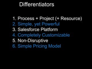 Differentiators 
1. Process + Project (+ Resource) 
2. Simple, yet Powerful 
3. Salesforce Platform 
4. Completely Customizable 
5. Non-Disruptive 
6. Simple Pricing Model 
 