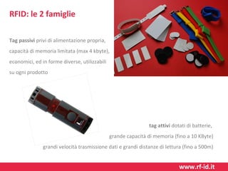 RFID: le 2 famiglie
Tag passivi privi di alimentazione propria,
capacità di memoria limitata (max 4 kbyte),
economici, ed in forme diverse, utilizzabili
su ogni prodotto

tag attivi dotati di batterie,
grande capacità di memoria (fino a 10 KByte)
grandi velocità trasmissione dati e grandi distanze di lettura (fino a 500m)

www.rf-id.it

 