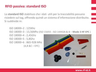 RFID passiva: standard ISO
Lo standard ISO stabilisce che i dati utili per la tracciabilità possano
risiedere sul tag, offrendo quindi un sistema d‘informazione distribuito.
Si suddivide in:
ISO 18000–2 : 125Khz
ISO 18000–3 : 13,56Mhz (ISO 15693 - ISO 14443A & B – Mode 3 HF EPC )
ISO 18000–4 : 2,45Ghz
ISO 18000–5 : 5,8Ghz
ISO 18000–6 : 865-928 Mhz
(A,B &C – EPC)

www.rf-id.it

 