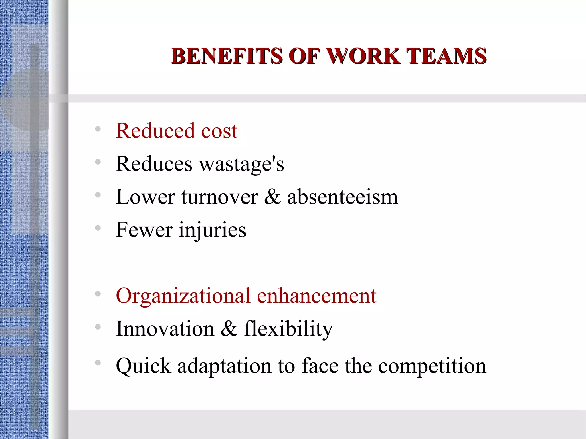BENEFITS OF WORK TEAMS


•   Reduced cost
•   Reduces wastage's
•   Lower turnover & absenteeism
•   Fewer injuries

• Organizational enhancement
• Innovation & flexibility
• Quick adaptation to face the competition
 