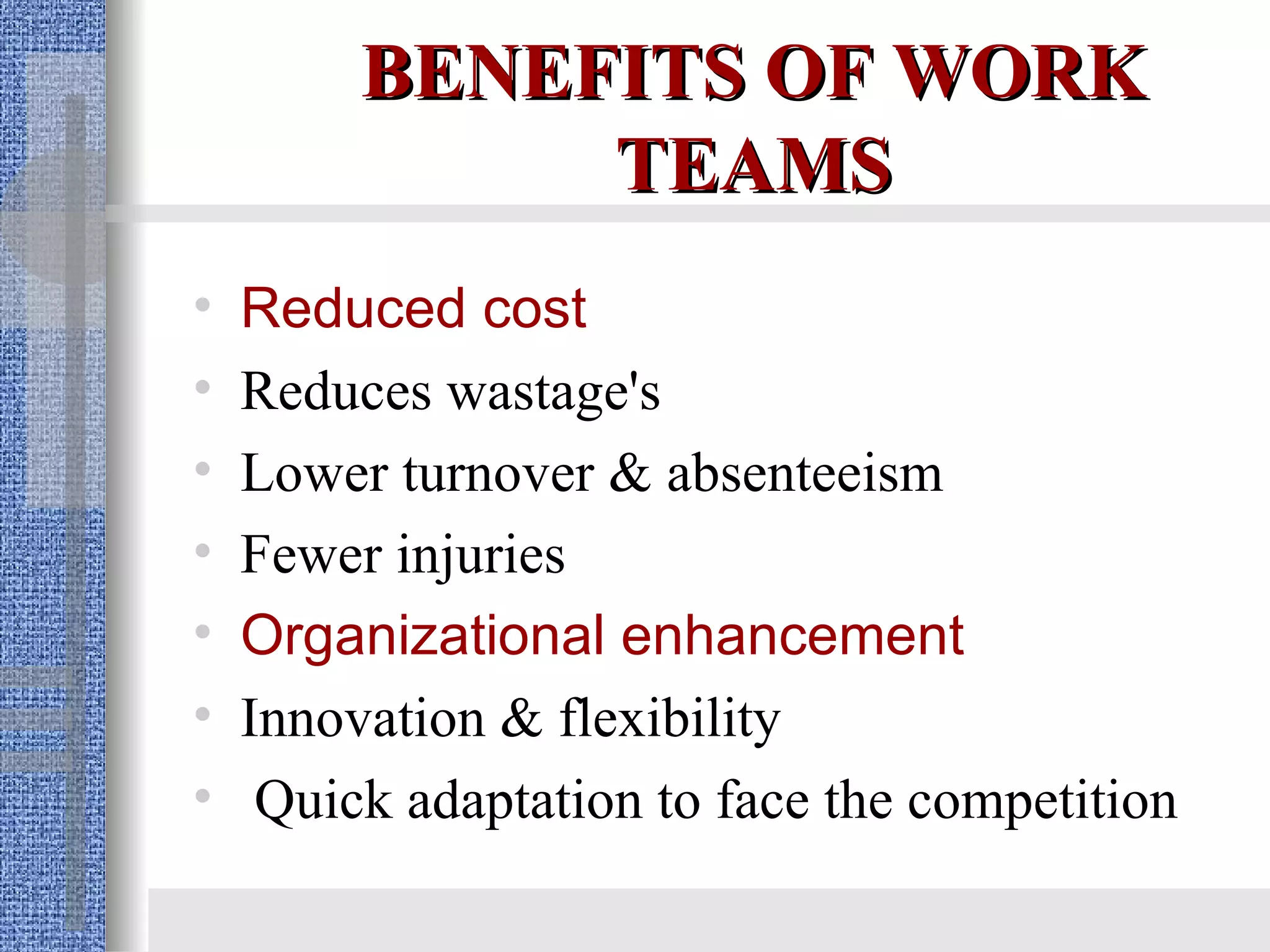 BENEFITS OF WORK   TEAMS Reduced cost Reduces wastage's Lower turnover & absenteeism Fewer injuries Organizational enhancement Innovation & flexibility Quick adaptation to face the competition   