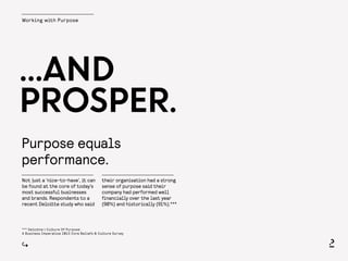 Working with Purpose
Purpose equals
performance.
...AND
PROSPER.
Not just a ‘nice-to-have’, it can
be found at the core of today’s
most successful businesses
and brands. Respondents to a
recent Deloitte study who said
their organisation had a strong
sense of purpose said their
company had performed well
financially over the last year
(90%) and historically (91%).***
*** Deloitte | Culture Of Purpose:
A Business Imperative 2013 Core Beliefs & Culture Survey
 