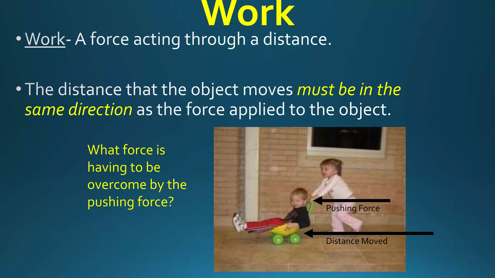 Work
must be in the
same direction
Pushing Force
Distance Moved
What force is
having to be
overcome by the
pushing force?