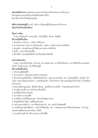 3
ขอบเขตโครงงาน (คุณลักษณะ ขอบเขต เงื่อนไขและข้อจากัดของการทาโครงงาน)
ศึกษาพฤติกรรมของนักเรียนระดับชั้นมัธยมศึกษาปีที่ 6
ศึกษาวิธีการสร้างเว็บไซต์โดยละเอียด
หลักการและทฤษฎี (ความรู้ หลักการ หรือทฤษฎีที่สนับสนุนการทาโครงงาน)
ปัญหาในนักเรียนมัธยมศึกษา
ปัญหาการเรียน
สาเหตุ สติปัญญาต่า ขาดแรงจูงใจ เรียนไม่รู้เรื่อง ติดเกม ติดเพื่อน
วิธีการแก้ไขที่โรงเรียน
1. จัดระเบียบการทางาน การเรียน ให้เป็นเวลา
2. ทบทวนความสามารถทางการเรียนของเด็ก จุดอ่อน ระดับความสามารถที่แท้จริง
3. สอนเสริม ทวนบทเรียนแบบฝึกหัดตามความสามารถที่แท้จริง
4. ฝึกซ้าๆ บ่อยๆ ครั้งละช่วงสั้นๆ
5. ให้กาลังใจ ชมเชยในสิ่งที่ทาได้ ไม่เปรียบเทียบกับเด็กอื่น
แต่งกายผิดระเบียบ
สาเหตุ ธรรมชาติของวัยรุ่น ท้าทายครู อยากเด่นอยากดัง อยากให้คนอื่นสนใจ อยากให้เพื่อนทึ่ง และยอมรับ
ว่าใจถึง ไม่กลัวเกรงครู อยากให้ตัวเองดูดี
วิธีการแก้ไขที่โรงเรียน
1. สร้างความสัมพันธ์ที่ดี
2. พยายามเข้าใจ จิตใจและความต้องการของวัยรุ่น
3. ซักถามถึงแรงจูงใจที่ทาผิด รับฟังด้วยใจเป็นกลาง สอบถามรายละเอียด เช่น ไปซอยผมที่ไหน แพงไหม ใคร
แนะนา คิดนานไหมก่อนจะไปทา เอาเงินที่ไหนไปทา ปรึกษาใครบ้าง คิดว่าจะเกิดปัญหาใดบ้างไหม ถ้าเกิดปัญหา
จะทาอย่างไร
4. สอบถามเรื่องกฎระเบียบ รู้หรือไม่ว่าผิดกฎ รู้ผลที่จะตามมาหรือไม่ ถ้าถูกลงโทษจะทาอย่างไร
5. ถ้าเปลี่ยนแปลงได้ อยากจะทาอย่างเดิมหรือไม่
6. ตอนนี้คิดจะทาอย่างไรต่อไป
7. ชมการคิดการวางแผนที่ดี
8. ชวนคิดในความคิดที่ไม่เหมาะสม หรือจะเป็นปัญหาตามมา
9. ชักจูงให้ทาในทางที่ถูก ผลดีที่จะเกิดตามมา
10. สอบถามความต้องการ อยากให้ครูช่วยอย่างไร เช่น แนะนาร้านตัดผมที่ดี
11. ช่วยคิดในทางเลือกที่ต้องการ แต่อาจทาให้ถูกต้อง เช่น การซอยผมอาจจะทาได้ในช่วงปิดเทอม ถ้าเจาะหู
คงสวมต่างหูได้เฉพาะนอกโรงเรียน เป็นต้น
12. ชมพฤติกรรมด้านดี หรือความพยายามที่จะดีขึ้น
 