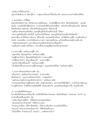 9
“เธอต้องการให้เป็นอย่างไร...........”
ครูควรรับฟังเด็กมากๆ ให้เขารู้สึกว่า การพูดบอกเรื่องเหล่านี้เป็นเรื่องปกติ และสามารถบอกกับเพื่อนๆได้ด้วย
5. ชมบนหลังคา ด่าที่ใต้ถุน
ครูควรมีเทคนิคในการชม ให้เกิดความภาคภูมิใจตนเอง ควรชมให้ผู้อื่นทราบด้วย หรือร่วมชื่นชมด้วย และเมื่อ
ชมแล้ว อาจเสริมให้เด็กรู้สึกต่อไปว่า เขาคงจะพอใจที่ตัวเองเป็นคนดีด้วย ต่อไปเด็กจะชื่นชมตัวเองเป็น ไม่ต้องรอ
ให้คนอื่นเห็นความดีของตน หรือรอให้คนอื่นชมเสมอไป ดังตัวอย่างนี้
“ครูดีใจมากที่เธอช่วยเหลือเพื่อน เธอคงรู้สึกภูมิใจในตัวเองที่ทาเช่นนั้น ใช่ไหม”
“พวกเราภูมิใจที่เธอได้รางวัลครั้งนี้ ช่วยกันตบเมือให้หน่อย เธอคงภูมิใจในตัวเองเหมือนกันใช่ไหมจ๊ะ”
แต่เวลาเตือน อย่าให้เกิดความอับอาย ให้ค่อยๆคิด และยอมรับด้วยตัวเอง อย่าให้เสียความรู้สึก ควรเตือนเป็นการ
ส่วนตัว ก่อนจะเตือน ควรหาข้อดีของเขาบางอย่าง ชมตรงจุดนั้นก่อน แล้วค่อยเตือนตรงพฤติกรรมนั้น เช่น
“ ครูรู้ว่าเธอเป็นคนฉลาด แต่การที่เธอเอาของเพื่อนไปโดยไม่บอกนี่ไม่ถูกต้อง”
“ครูเห็นแล้วว่าเธอมีความตั้งใจมาก แต่งานนี้เป็นงานกลุ่มที่ต้องช่วยกันทาทุกคนนะจ๊ะ”
6. ถามความรู้สึก สะท้อนความรู้สึก เช่น
“หนูคงเสียใจ ที่คุณครูทาโทษ” (สะท้อนความรู้สึก)
“หนูรู้สึกอย่างไรบ้าง ที่พ่อแม่ไม่ได้อยู่ด้วยกัน” (ถามความรู้สึก)
“เธอรู้สึกอย่างไรบ้าง เมื่อถูกเพื่อนแกล้ง” (ถามความรู้สึก)
“เธอคงโกรธที่ถูกเพื่อนแกล้ง” (สะท้อนความรู้สึก)
“เรื่องที่คุยกันนี้คงจะกระทบความรู้สึกของหนูมาก ครูจะคุยกันต่อได้ไหม” (สะท้อนความรู้สึก)
7. ถามความคิดและสะท้อนความคิด เช่น
“เมื่อเธอโกรธ เธอคิดจะทาอย่างไรต่อไป” (ถามความคิด)
เมื่อเด็กตอบว่า “ผมอยากกลับไปชกหน้ามัน” ควรพูดต่อไปว่า
“เธอโกรธมากจนคิดว่าน่าจะกลับไปชกหน้าเขา” (สะท้อนความคิด)
การถามและสะท้อนความรู้สึกและความคิด จะได้ประโยชน์มาก เพราะจะทาให้เด็กรู้สึกว่า เราเข้าใจ(ความคิด และ
ความรู้สึก)ของเขา ทาให้เกิดความสัมพันธ์ที่ดี เป็นพวกเดียวกัน และจะเปิดเผยข้อมูลมากขึ้น ชักจูงได้ง่ายขึ้น
8. การกระตุ้นให้คิดด้วยตนเอง
ในการฝึกให้เด็กคิดและแก้ปัญหานั้น ควรฝึกให้เด็กคิดเองก่อนเสมอ เมื่อเด็กคิดไม่ออก ไม่รอบคอบ ไม่กว้าง ครู
อาจช่วยชี้แนะให้ในตอนท้าย เช่น
“เธอคิดว่าปัญหาอยู่ที่ไหน” (ให้คิดสรุปหาสาเหตุของปัญหา)
“แล้วเธอจะทาอย่างไรต่อไปดี” (ให้คิดหาทางออก)
“ทางออกแบบอื่นละ มีวิธีการอื่นหรือไม่” (ให้หาทางเลือกอื่นๆ ความเป็นไปได้อื่นๆ)
“ทาแบบนี้ แล้วคาดว่าผลจะเป็นอย่างไร” (ให้คิดถึงผลที่ตามมา)
“เป็นไปได้ใหม ถ้าจะทาแบบนี้....(แนะนา).......เธอคิดอย่างไรบ้าง”
 