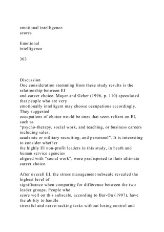 emotional intelligence
scores
Emotional
intelligence
303
Discussion
One consideration stemming from these study results is the
relationship between EI
and career choice. Mayer and Geher (1996, p. 110) speculated
that people who are very
emotionally intelligent may choose occupations accordingly.
They suggested
occupations of choice would be ones that seem reliant on EI,
such as
“psycho-therapy, social work, and teaching, or business careers
including sales,
academic or military recruiting, and personnel”. It is interesting
to consider whether
the highly EI non-profit leaders in this study, in heath and
human service agencies
aligned with “social work”, were predisposed to their ultimate
career choice.
After overall EI, the stress management subscale revealed the
highest level of
significance when comparing for difference between the two
leader groups. People who
score well on this subscale, according to Bar-On (1997), have
the ability to handle
stressful and nerve-racking tasks without losing control and
 