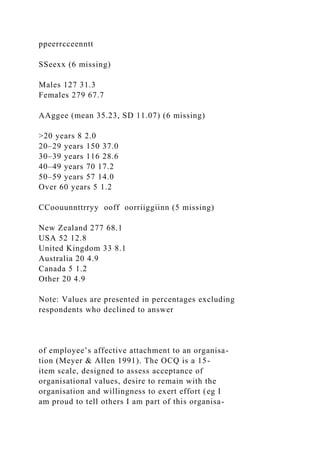 ppeerrcceenntt
SSeexx (6 missing)
Males 127 31.3
Females 279 67.7
AAggee (mean 35.23, SD 11.07) (6 missing)
>20 years 8 2.0
20–29 years 150 37.0
30–39 years 116 28.6
40–49 years 70 17.2
50–59 years 57 14.0
Over 60 years 5 1.2
CCoouunnttrryy ooff oorriiggiinn (5 missing)
New Zealand 277 68.1
USA 52 12.8
United Kingdom 33 8.1
Australia 20 4.9
Canada 5 1.2
Other 20 4.9
Note: Values are presented in percentages excluding
respondents who declined to answer
of employee’s affective attachment to an organisa-
tion (Meyer & Allen 1991). The OCQ is a 15-
item scale, designed to assess acceptance of
organisational values, desire to remain with the
organisation and willingness to exert effort (eg I
am proud to tell others I am part of this organisa-
 