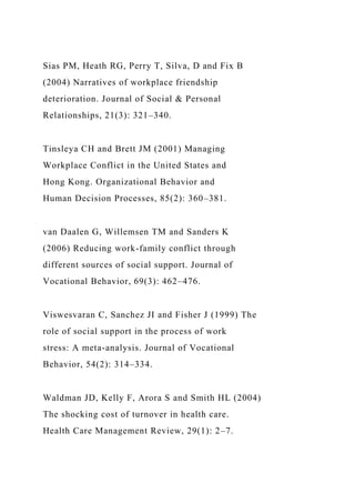 Sias PM, Heath RG, Perry T, Silva, D and Fix B
(2004) Narratives of workplace friendship
deterioration. Journal of Social & Personal
Relationships, 21(3): 321–340.
Tinsleya CH and Brett JM (2001) Managing
Workplace Conflict in the United States and
Hong Kong. Organizational Behavior and
Human Decision Processes, 85(2): 360–381.
van Daalen G, Willemsen TM and Sanders K
(2006) Reducing work-family conflict through
different sources of social support. Journal of
Vocational Behavior, 69(3): 462–476.
Viswesvaran C, Sanchez JI and Fisher J (1999) The
role of social support in the process of work
stress: A meta-analysis. Journal of Vocational
Behavior, 54(2): 314–334.
Waldman JD, Kelly F, Arora S and Smith HL (2004)
The shocking cost of turnover in health care.
Health Care Management Review, 29(1): 2–7.
 