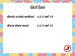 เด็กหญิง ตวงรัตน์ เขมทโรนนท์ ม.3/2 เลขที่ 33
เด็กชาย พีรเทพ พรมณี ม.3/2 เลขที่ 37
 