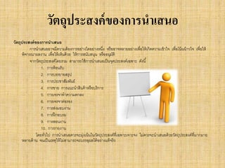 วัตถุประสงค์ของการนาเสนอ
วัตถุประสงค์ของการนาเสนอ
การนาเสนออาจมีความต้องการอย่างใดอย่างหนึ่ง หรืออาจหลายอย่างเพื่อให้เกิดความเข้าใจ เพื่อโน้นน้าวใจ เพื่อให้
พิจารณาผลงาน เพื่อให้เห็นด้วย ให้การสนับสนุน หรืออนุมัติ
จากวัตถุประสงค์โดยรวม สามารถใช้การนาเสนอเป็นจุดประสงค์เฉพาะ ดังนี้
1. การต้อนรับ
2. การบรรยายสรุป
3. การประชาสัมพันธ์
4. การขาย การแนะนาสินค้าหรือบริการ
5. การเจรจาทาความตกลง
6. การเจรจาต่อรอง
7. การส่งมอบงาน
8. การฝึกอบรม
9. การสอนงาน
10. การรายงาน
โดยทั่วไป การนาเสนอควรจะมุ่งเน้นในวัตถุประสงค์ที่เฉพาะเจาะจง ไม่ควรจะนาเสนอด้วยวัตถุประสงค์ที่มากมาย
หลายด้าน จนเป็นเหตุให้ไม่สามารถจะบรรลุผลได้อย่างแท้จริง
 