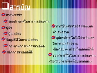 สารบัญ
 การนาเสนอ
 วัตถุประสงค์ในการนาเสนองาน
 ผู้ฟัง
 ผู้นาเสนอ
 ข้อมูลที่ใช้ในการนาเสนอ
 กระบวนการในการนาเสนอ
 หลักการนาเสนอที่ดี
 การใช้เทคโนโลยีสารสนเทศ
นาเสนองาน
 อุปกรณ์เทคโนโลยีสารสนเทศ
ในการนาเสนองาน
-มีอะไรบ้าง พร้อมทั้งบอกหน้าที่
 ซอฟต์แวร์ที่ใช้ในการนาเสนองาน
-มีอะไรบ้าง พร้อมทั้งบอกลักษณะ
 