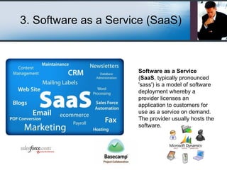 3. Software as a Service (SaaS) Software as a Service  ( SaaS , typically pronounced 'sass') is a model of software deploy...