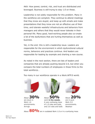 AKA: How power, control, risk, and trust are distributed and
leveraged. Business is still trying to stay 1.0 on these.
Leadership is not solely responsible for this problem. Many in
the workforce are complicit. They continue to attend meetings
that they know are stupid; and keep up with emails and make
presentations that they know are not an effective use of their
time; and tolerate wasteful infrastructures and behaviors from
managers and others that they would never tolerate in their
personal life. Many good, hard-working people also co-create
a lot of the dysfuntions that are hurting themselves as well as
business.
Yet, in the end: this is still a leadership issue. Leaders are
responsible for the environment in which dysfunctional cultural
norms, behaviors and practices continue. And leaders are
responsible for leading by example and charting a new course.
As noted in the next section, there are lots of leaders and
companies that are already pushing beyond 2.0, but when you
compare the total numbers of employees in those firms to the
total workforce…
Too many in our workforce operate in a Work.WTF.0 world.
Work 2.0
Ten Year Report 10
About 30%
are stuck in
Work 1.0
environments.
Arrrrgh.
About 80% are in outdated Work 1.0 or in a confusing mess
About 20%
are in pure
Work 2.0
environments.
Woohoo!
About 50%
work in the weeds.
A very confusing mess
of 1.0 rules and tools,
and 2.0 rules and tools
 